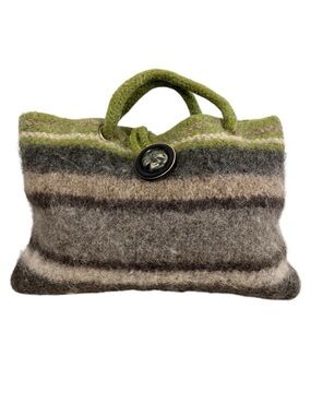 Green Striped Wool Bag Boho Furry Gray Brown Pouch Twee Felted Purse Handbag